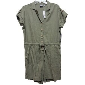 New York & Company Soho Street Olive Green Linen Button Front Romper Medium
